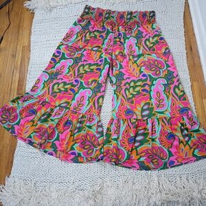 Sugarlips Vibrant Colorful Floral Abstract Print Smocked Wide Leg Pants, Size 3X